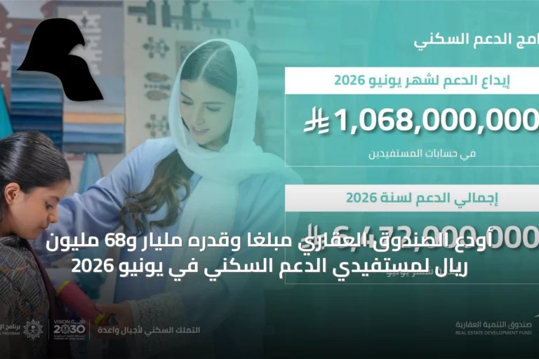أودع الصندوق العقاري مبلغًا وقدره مليار و68 مليون ريال لمستفيدي الدعم السكني في يونيو 2026